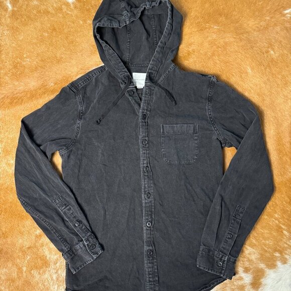 American Eagle Black Button Up Hooded Shirt - Size Small - Picture 2 of 6